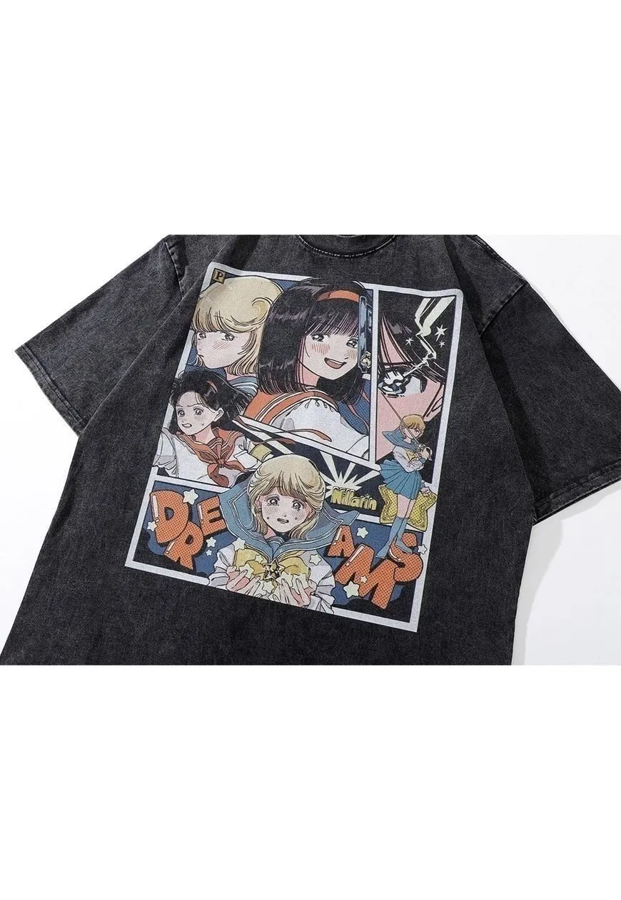 Anime girls t-shirt old Japanese tee retro top in acid grey