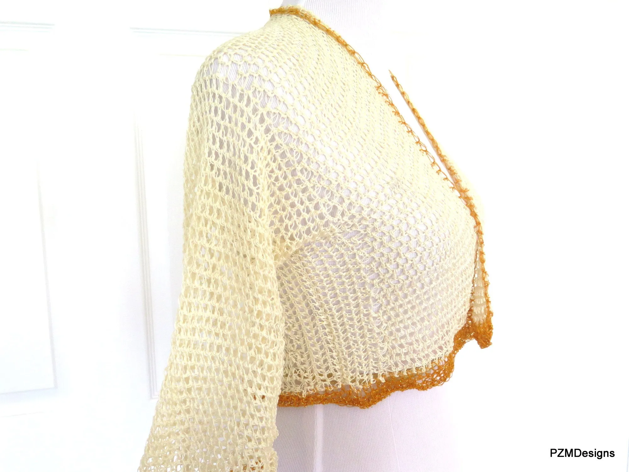 Beige Cotton Crochet Tie Front Bridal Shrug