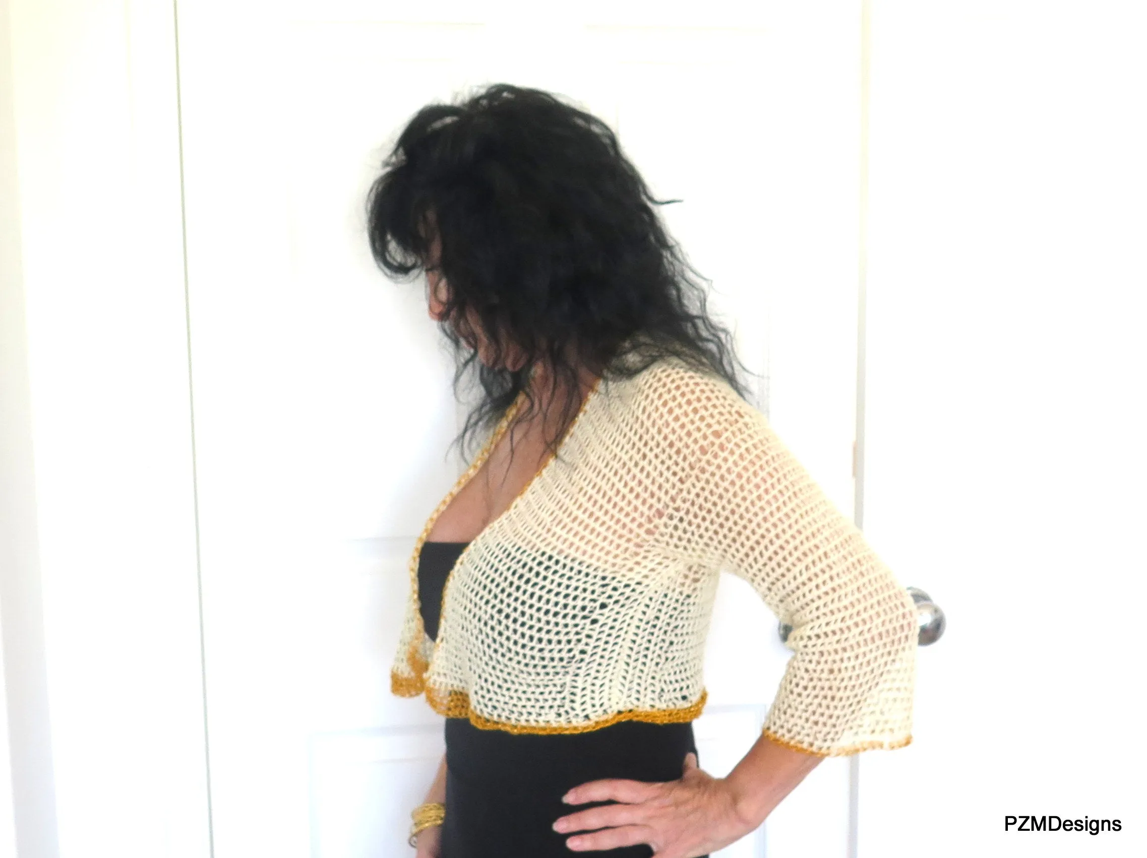 Beige Cotton Crochet Tie Front Bridal Shrug