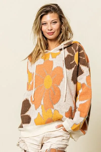 BiBi Flower Pattern Drawstring Hooded Sweater