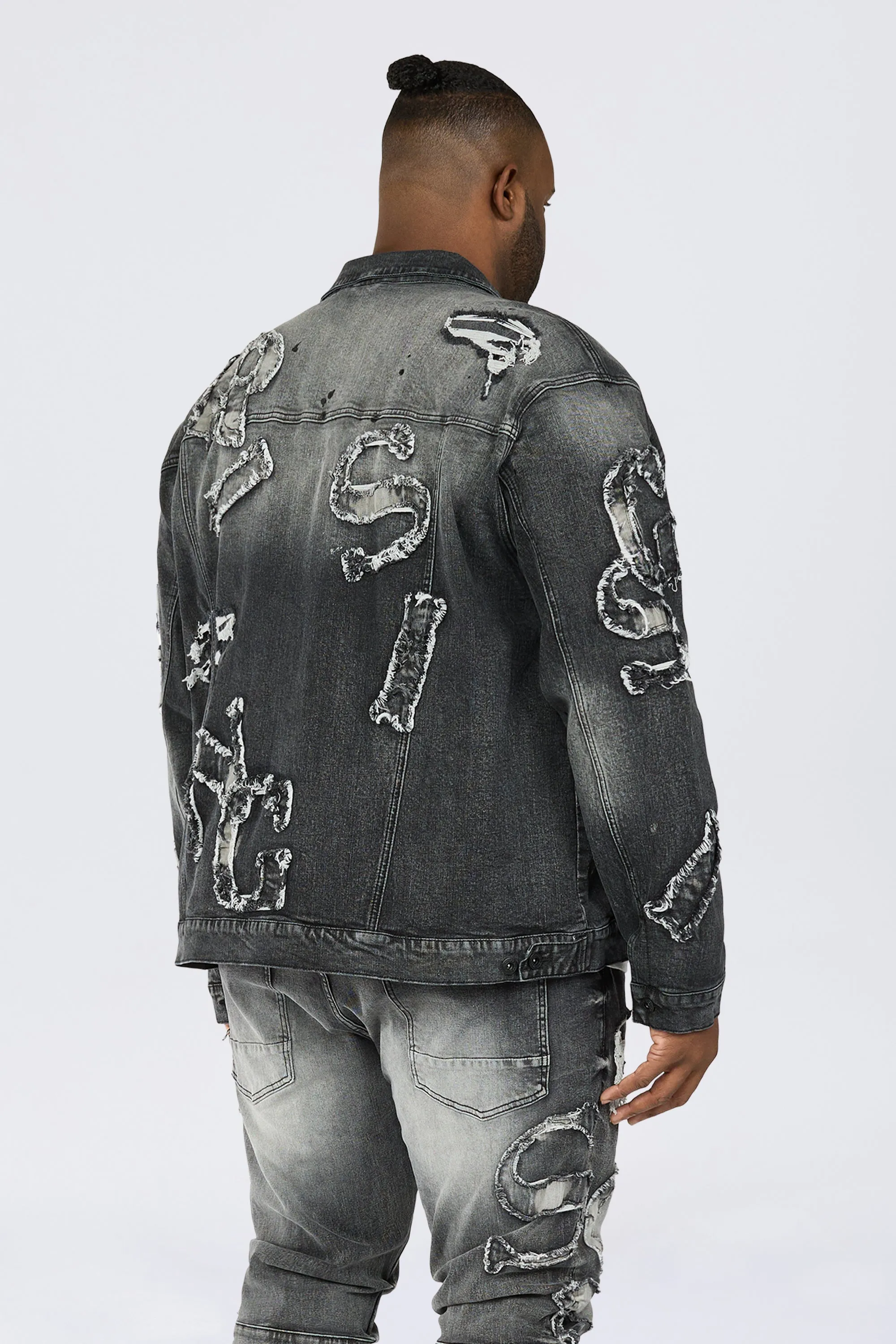 Big and Tall - Cut & Sewn Rip Off Letter Applique Jean Jacket - Black Lava