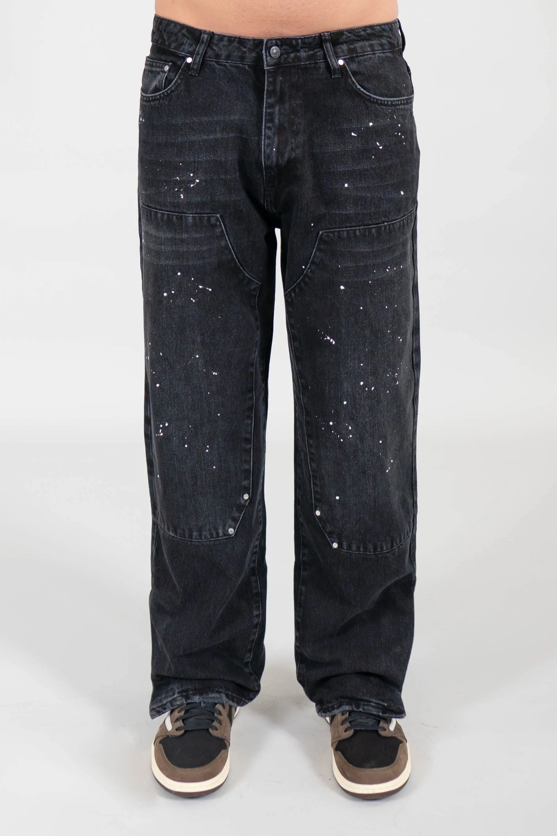 BLACK WASHED SPLATTERED PATCH DENIM