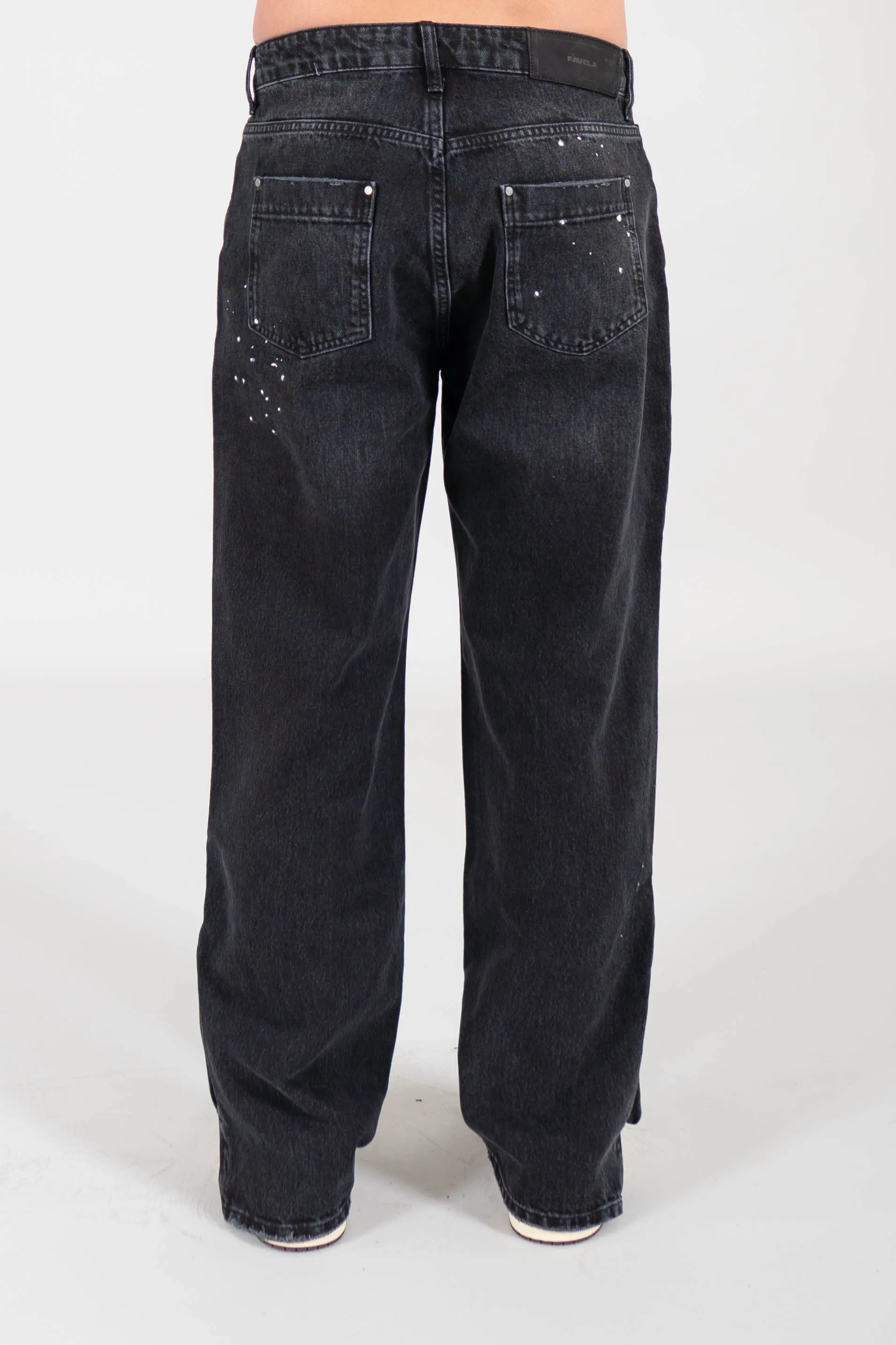 BLACK WASHED SPLATTERED PATCH DENIM