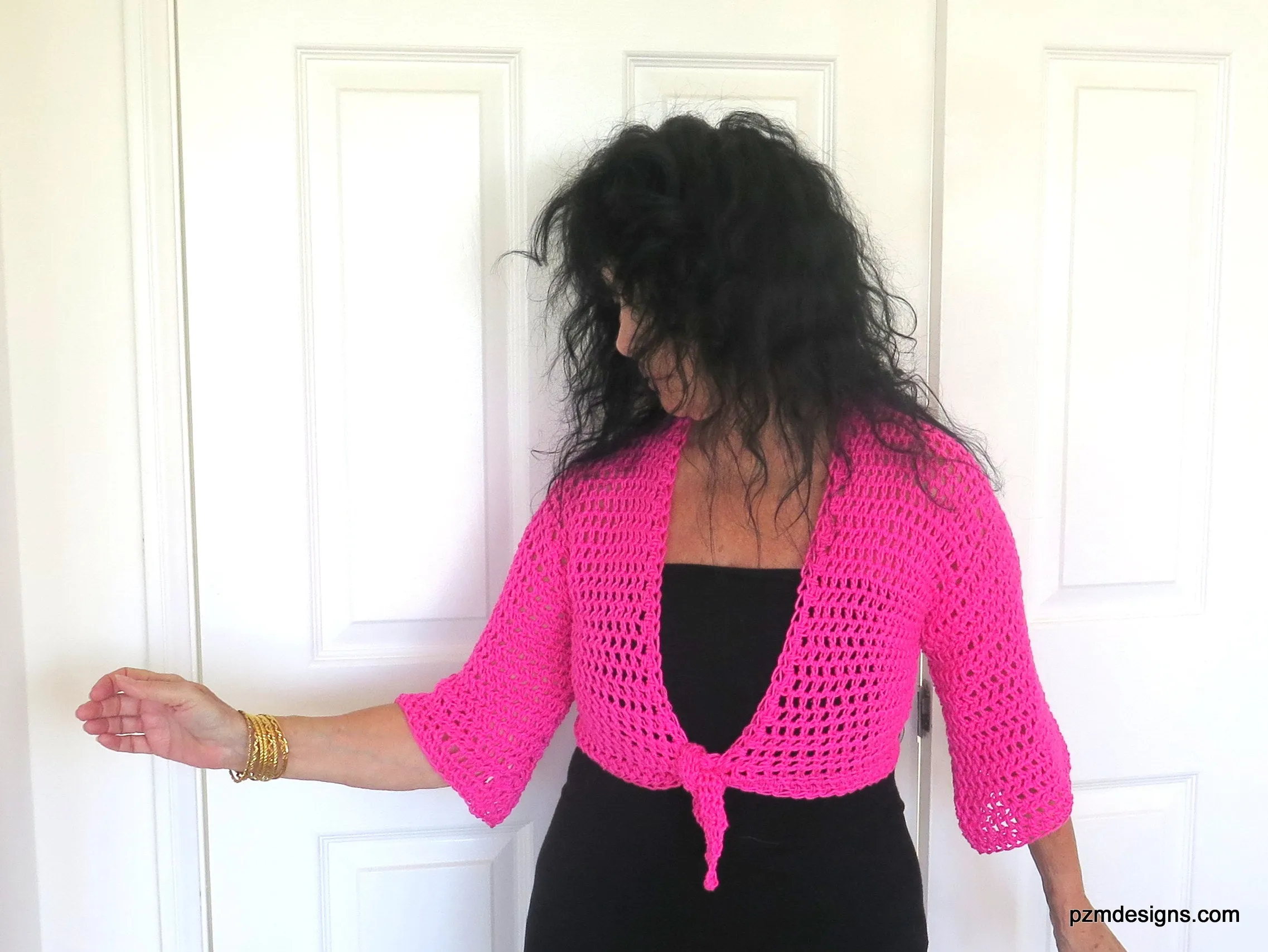 Bright Pink Crochet Tie Front Shrug