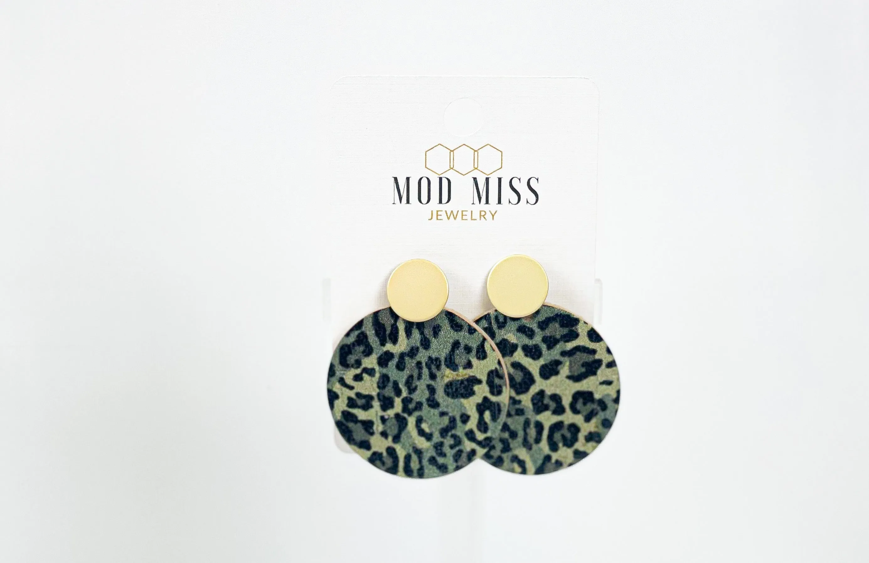 Cork Leather Round Earring Leopard Camo