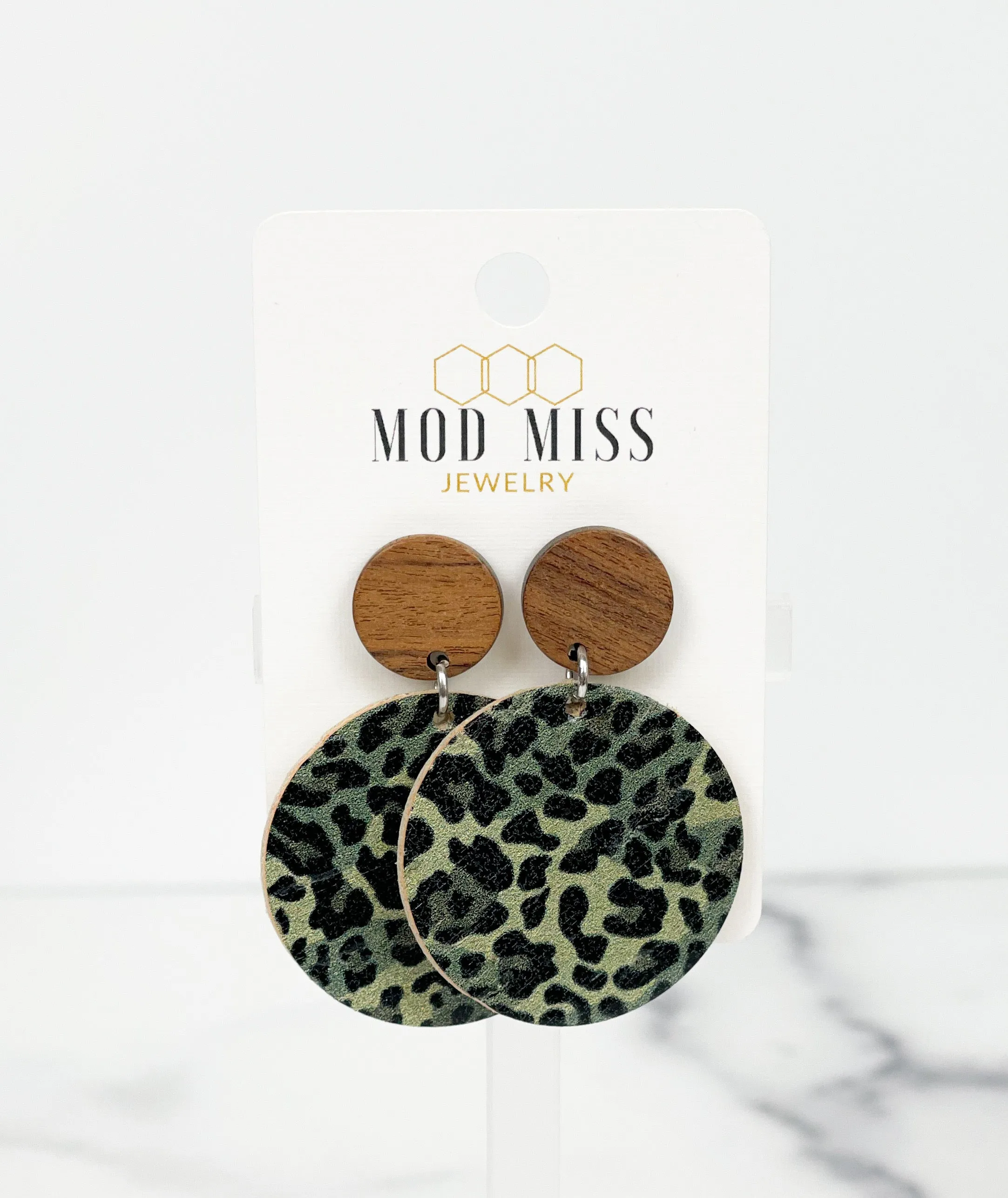 Cork Leather Round Earring Leopard Camo