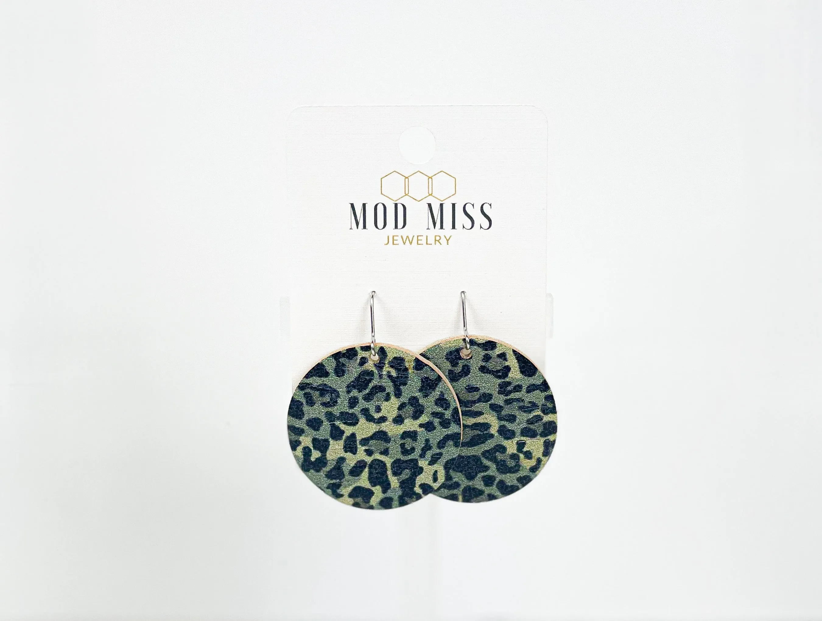 Cork Leather Round Earring Leopard Camo