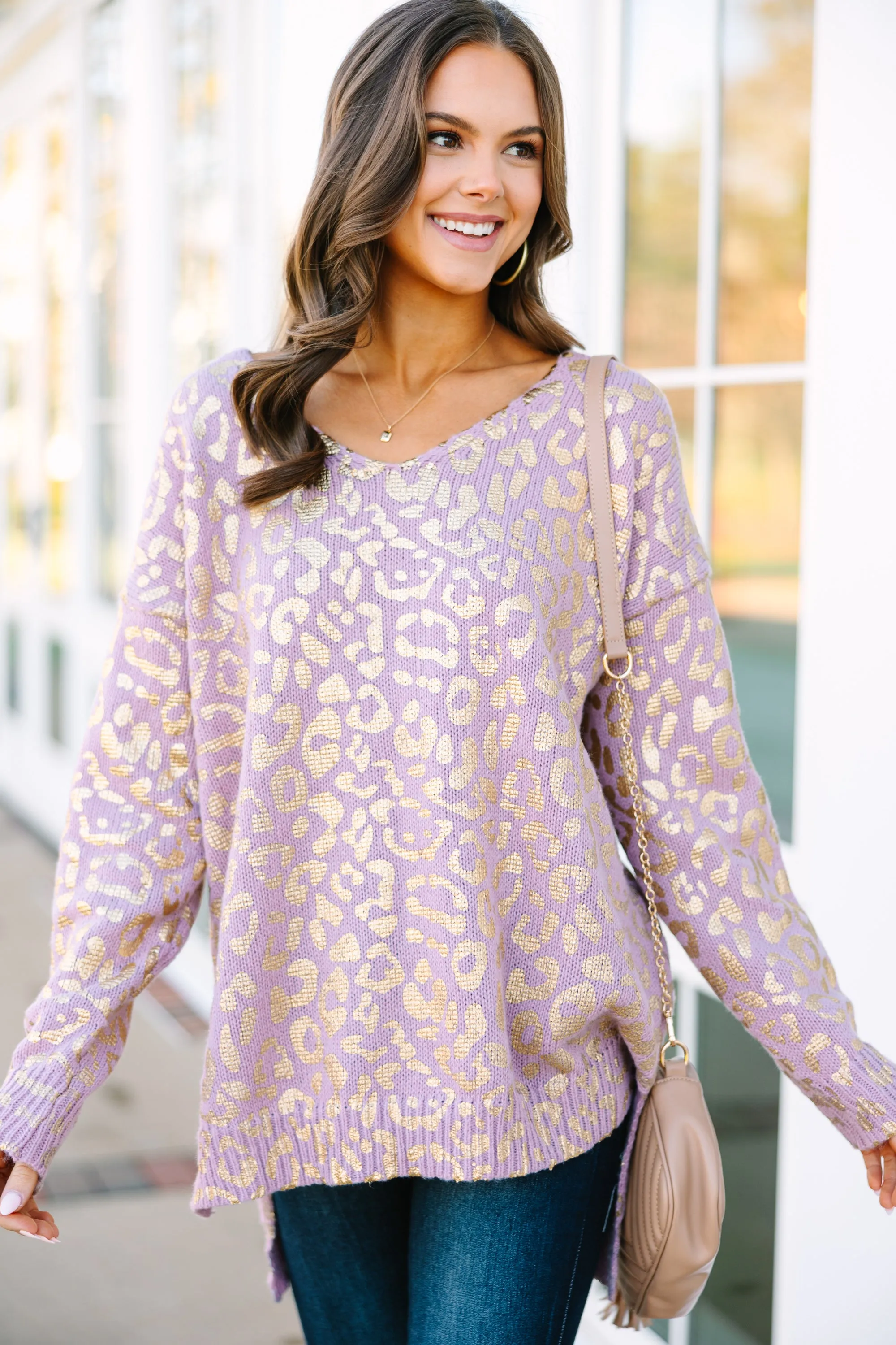 Don't Let Me Go Mauve Pink Metallic Leopard Sweater