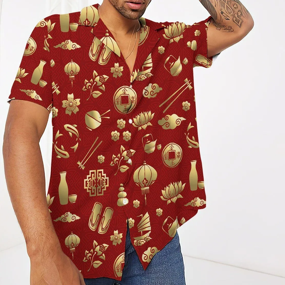 Gearhuman 3D Gold Asian Culture Hawaii Shirt