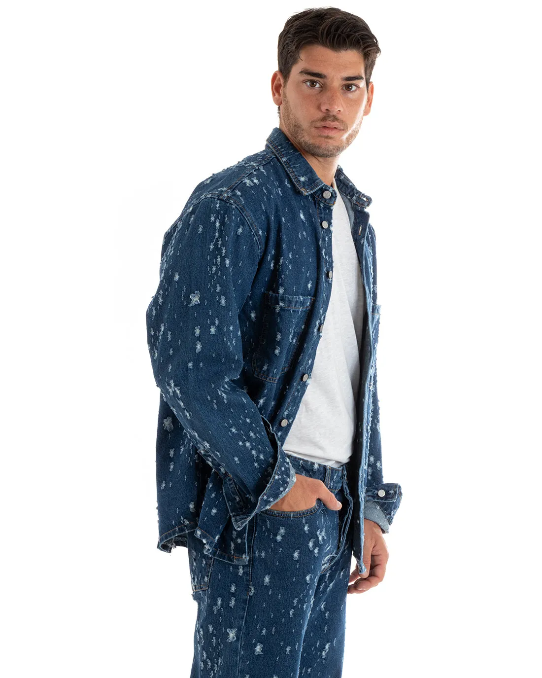 Giubbotto Uomo Giacca Jeans Con Colletto Camicione Rotture Oversize Denim GIOSAL-G3074A