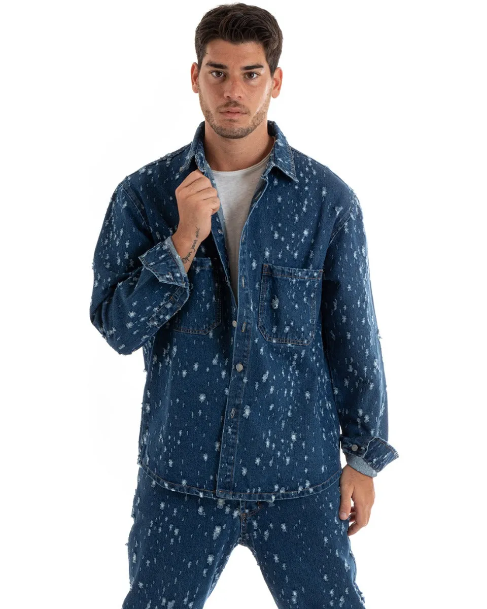 Giubbotto Uomo Giacca Jeans Con Colletto Camicione Rotture Oversize Denim GIOSAL-G3074A