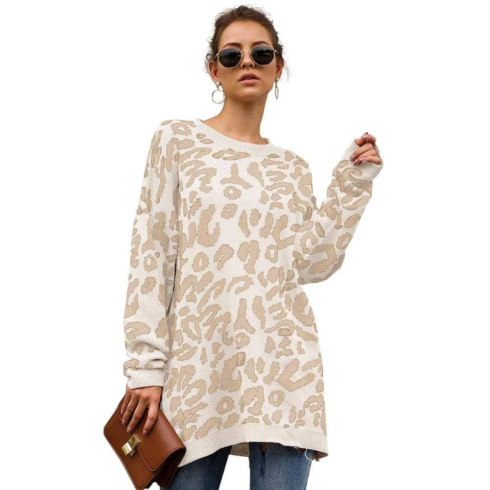 Haute Edition Leopard Print Tunic Length Crew Neck Pullover Thick Knit Sweater