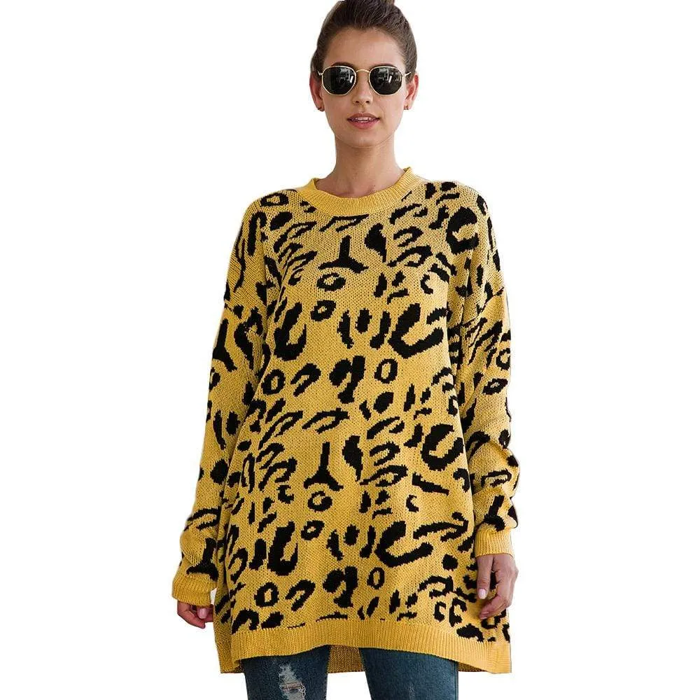 Haute Edition Leopard Print Tunic Length Crew Neck Pullover Thick Knit Sweater