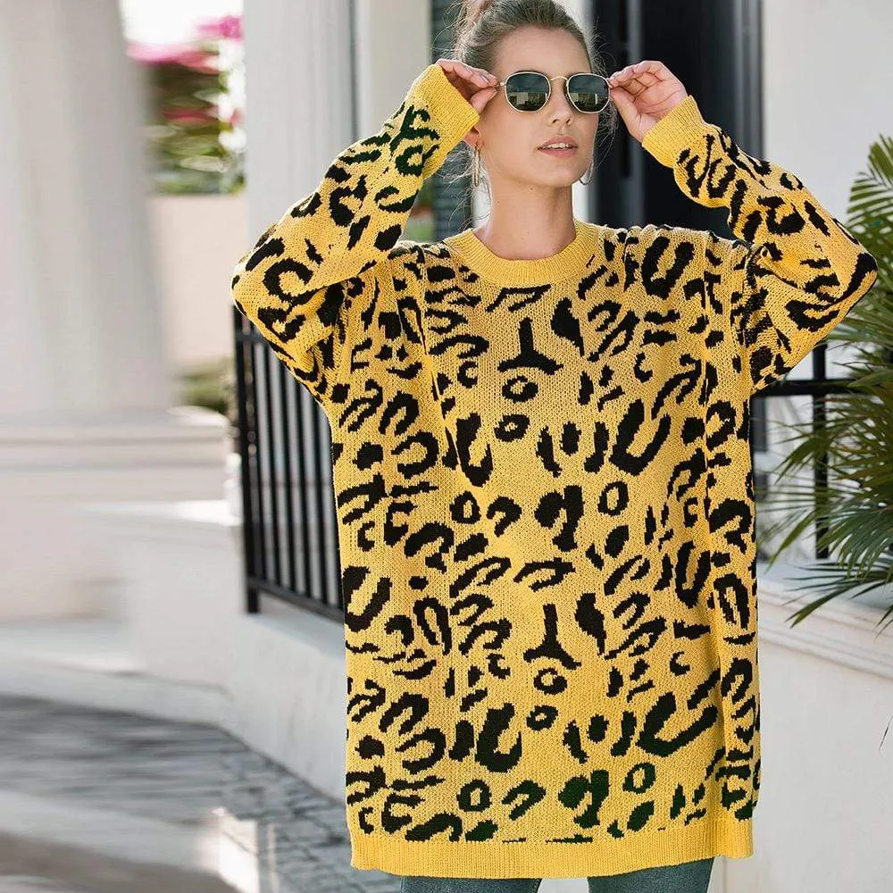 Haute Edition Leopard Print Tunic Length Crew Neck Pullover Thick Knit Sweater