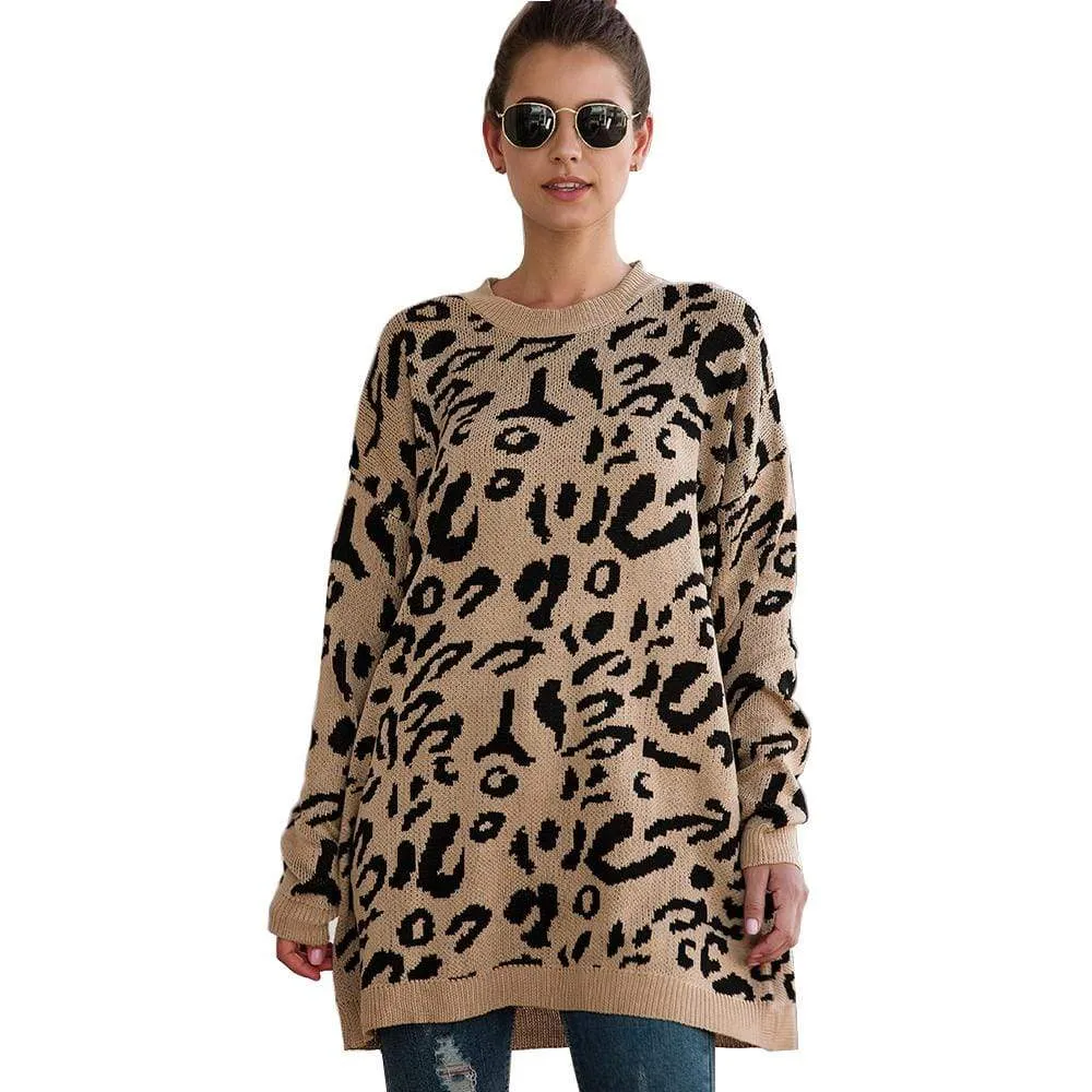 Haute Edition Leopard Print Tunic Length Crew Neck Pullover Thick Knit Sweater