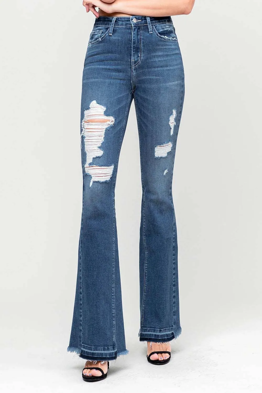 HIGH RISE DISTRESSED PANEL FLARE JEANS