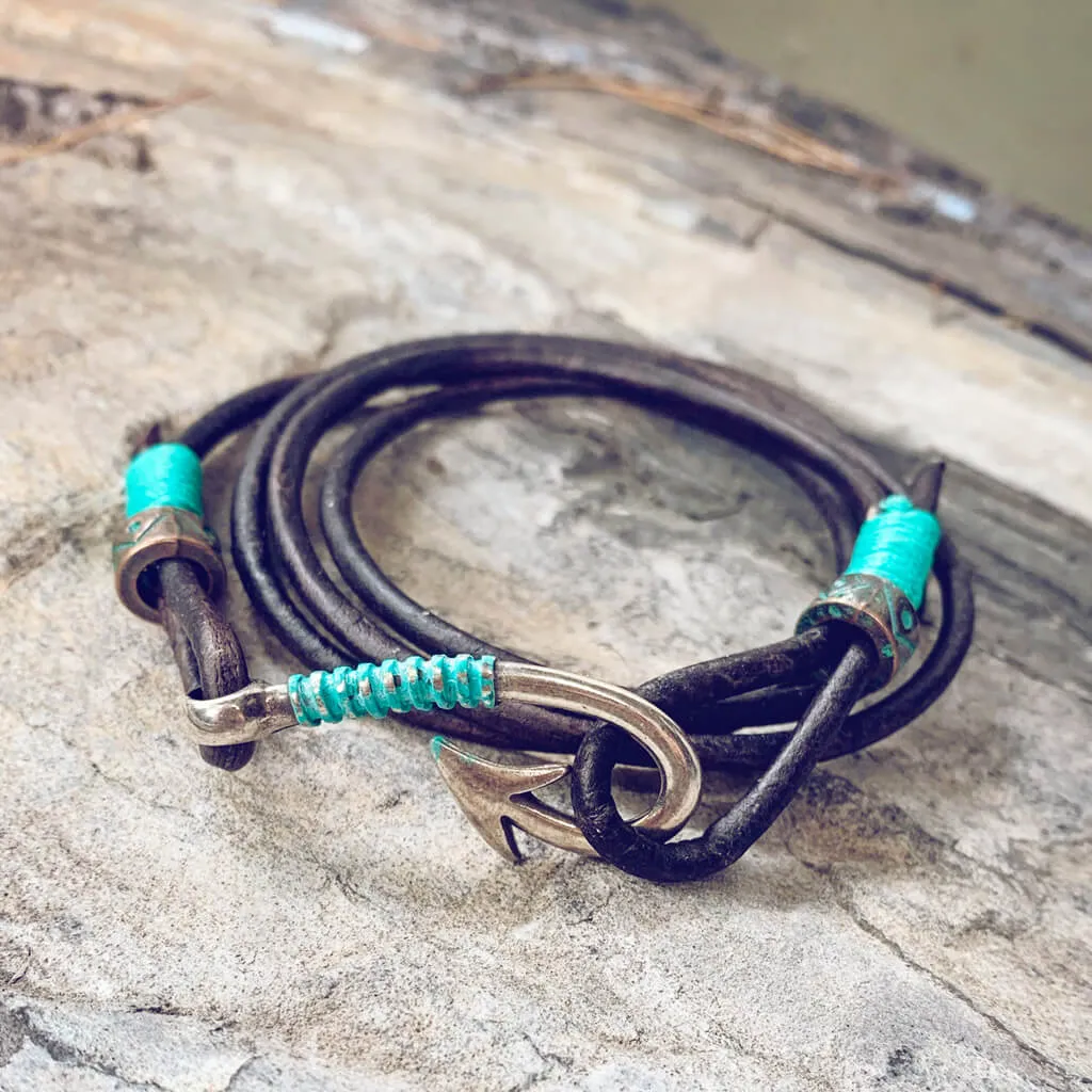 hook line & sinker // men's fish hook clasp leather wrap bracelet / choker