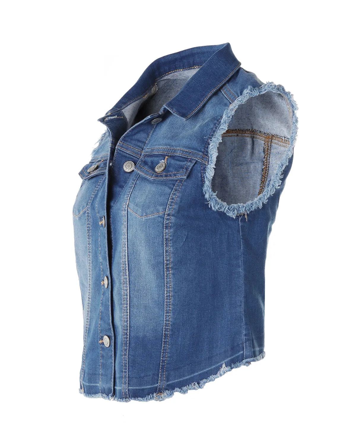 Junior Fit Distressed Denim Vest Button Up Slim Jacket