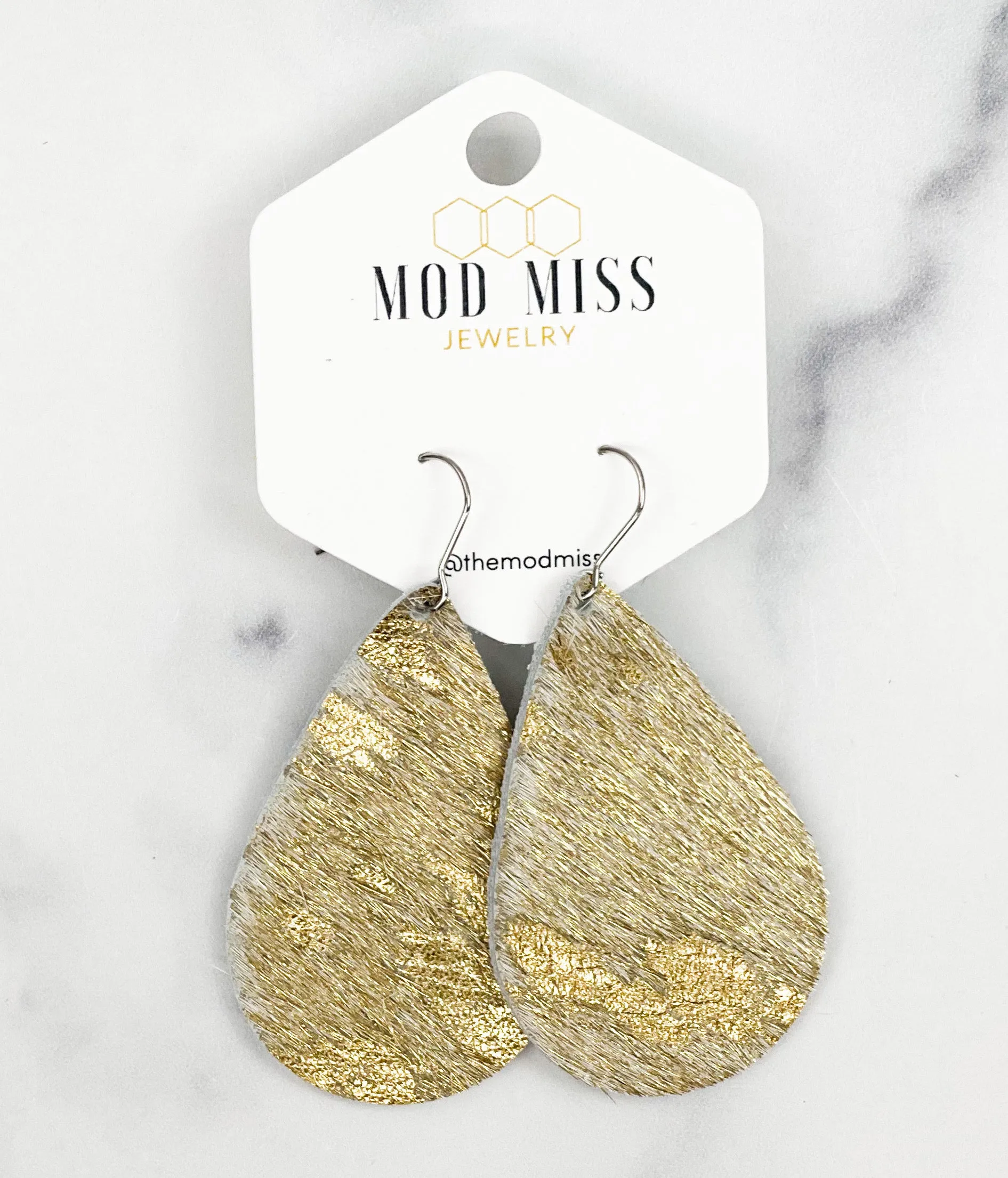 Leather Teardrop Earring HOH Metallic Gold