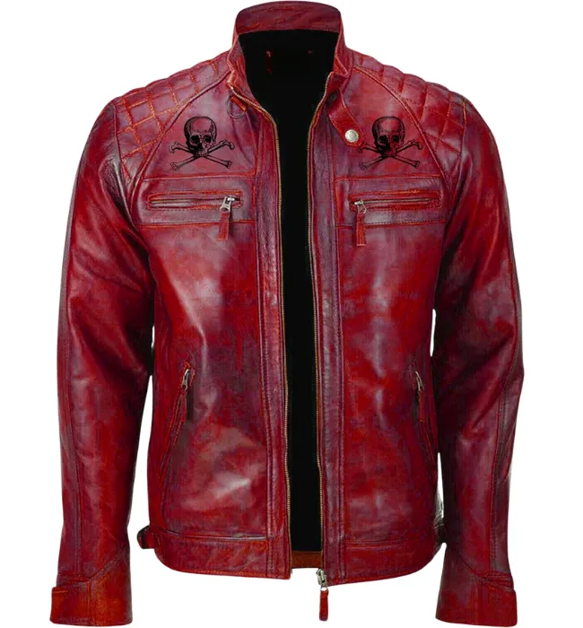 Men Red Devil Design Vintage Biker Motorcycle Distressed Leather Jacket