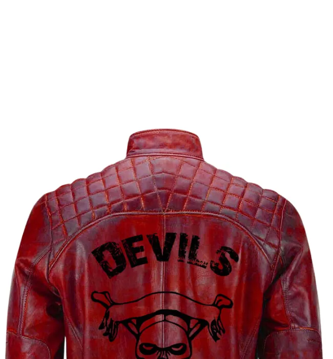 Men Red Devil Design Vintage Biker Motorcycle Distressed Leather Jacket