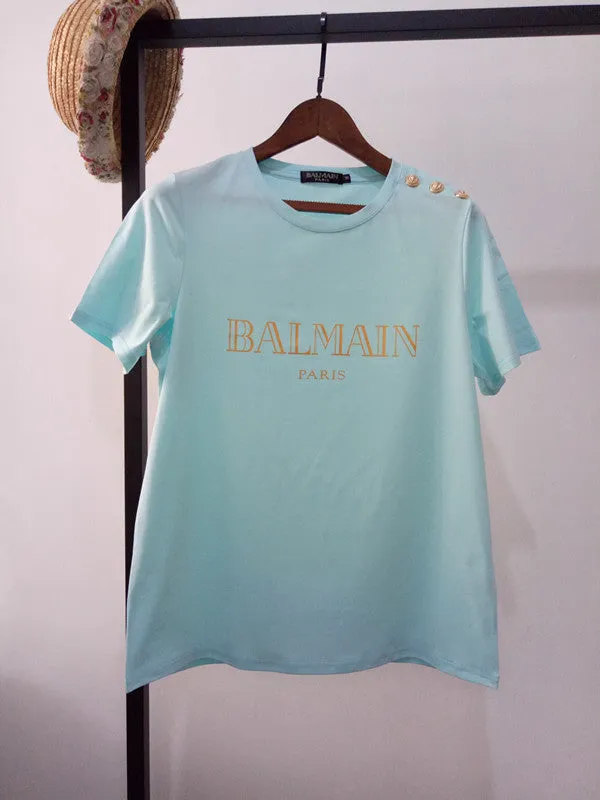 T Shirt Balmain Spring/Summer Shoulder Gold Buckle Gilding Letters All Cotton Short Sleeve T-shirt Couple