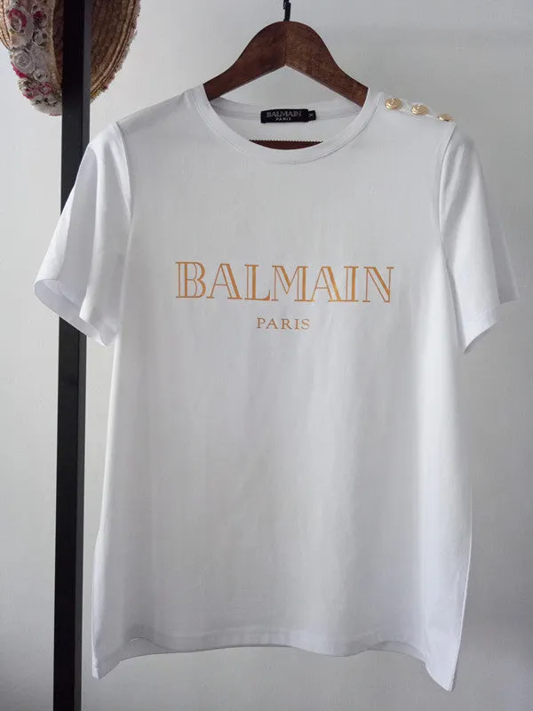 T Shirt Balmain Spring/Summer Shoulder Gold Buckle Gilding Letters All Cotton Short Sleeve T-shirt Couple