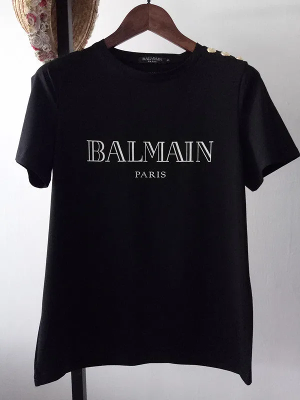 T Shirt Balmain Spring/Summer Shoulder Gold Buckle Gilding Letters All Cotton Short Sleeve T-shirt Couple