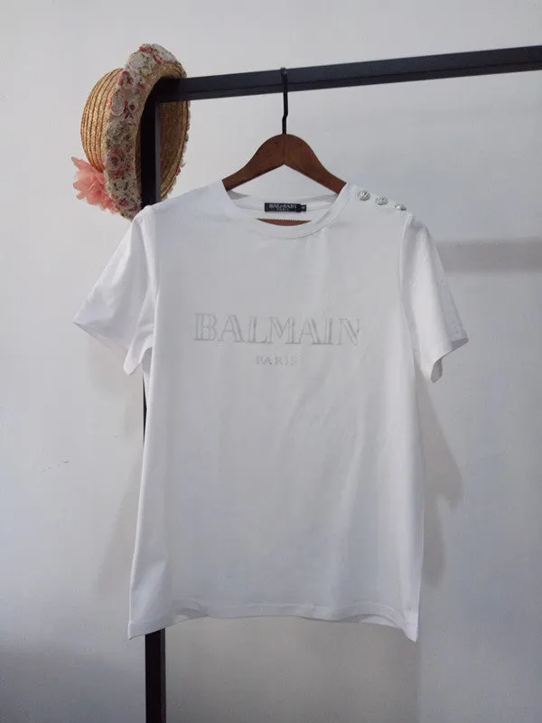 T Shirt Balmain Spring/Summer Shoulder Gold Buckle Gilding Letters All Cotton Short Sleeve T-shirt Couple