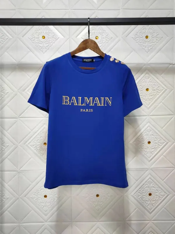 T Shirt Balmain Spring/Summer Shoulder Gold Buckle Gilding Letters All Cotton Short Sleeve T-shirt Couple