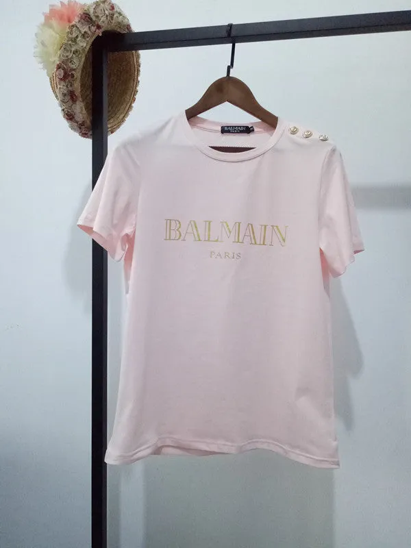 T Shirt Balmain Spring/Summer Shoulder Gold Buckle Gilding Letters All Cotton Short Sleeve T-shirt Couple