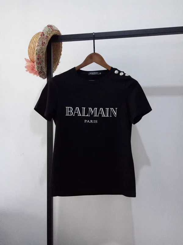 T Shirt Balmain Spring/Summer Shoulder Gold Buckle Gilding Letters All Cotton Short Sleeve T-shirt Couple