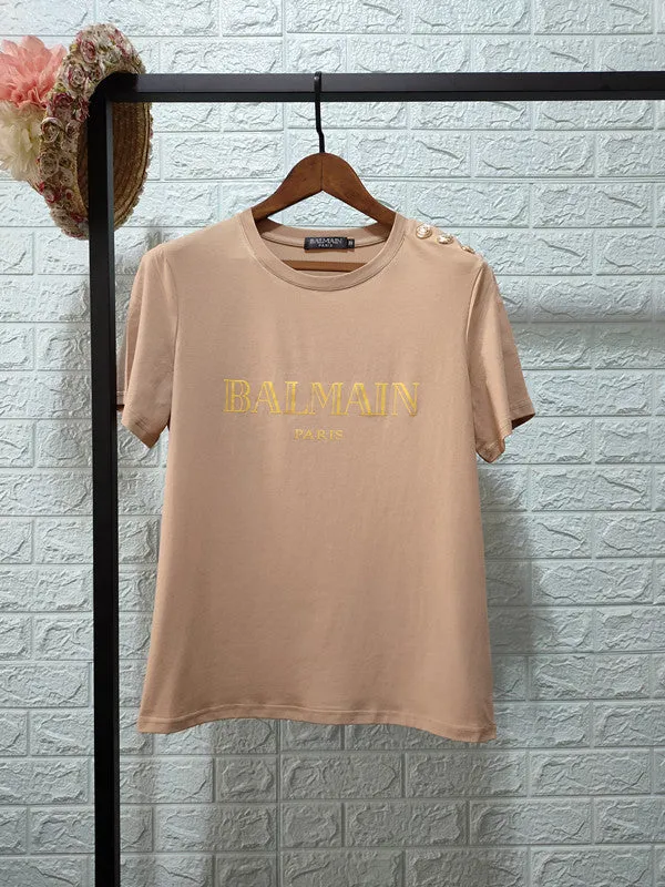 T Shirt Balmain Spring/Summer Shoulder Gold Buckle Gilding Letters All Cotton Short Sleeve T-shirt Couple