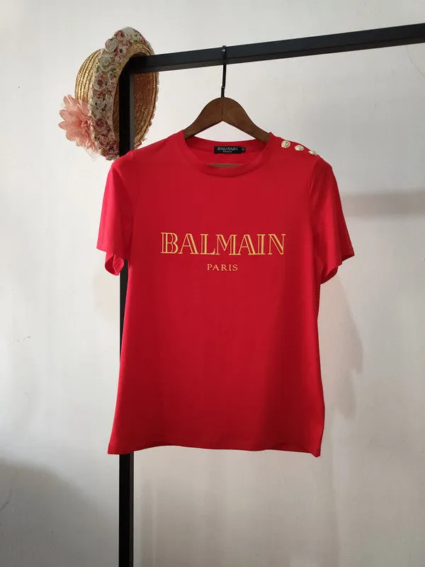 T Shirt Balmain Spring/Summer Shoulder Gold Buckle Gilding Letters All Cotton Short Sleeve T-shirt Couple