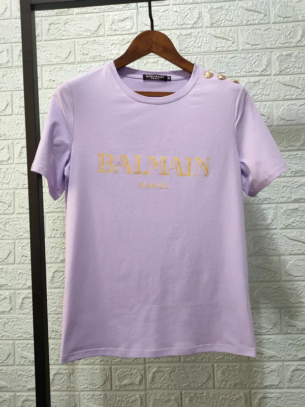 T Shirt Balmain Spring/Summer Shoulder Gold Buckle Gilding Letters All Cotton Short Sleeve T-shirt Couple