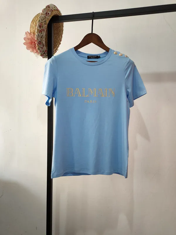 T Shirt Balmain Spring/Summer Shoulder Gold Buckle Gilding Letters All Cotton Short Sleeve T-shirt Couple