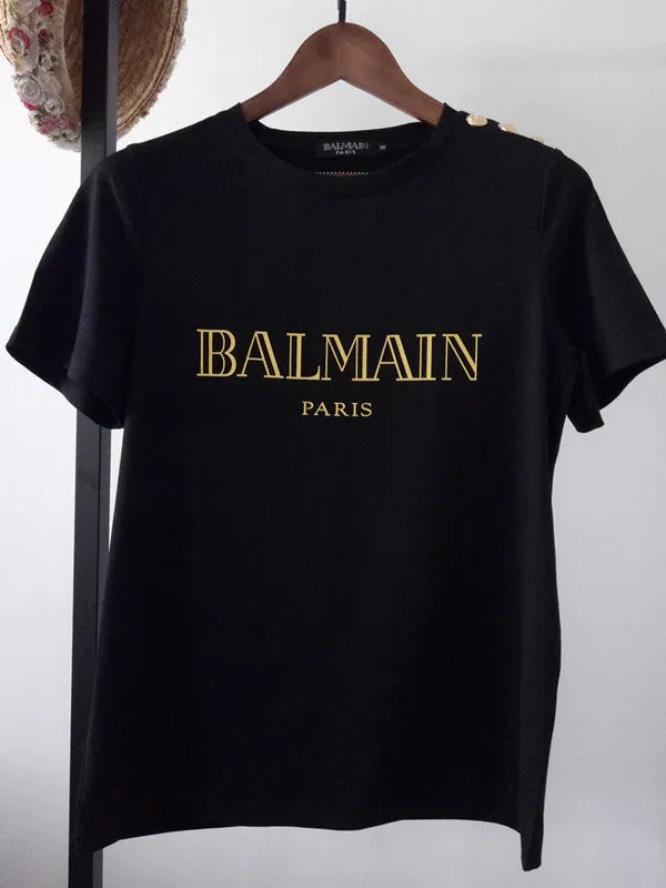 T Shirt Balmain Spring/Summer Shoulder Gold Buckle Gilding Letters All Cotton Short Sleeve T-shirt Couple