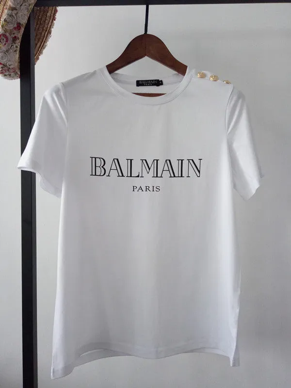 T Shirt Balmain Spring/Summer Shoulder Gold Buckle Gilding Letters All Cotton Short Sleeve T-shirt Couple