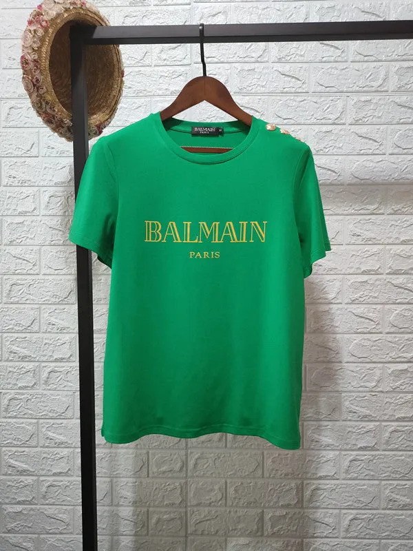 T Shirt Balmain Spring/Summer Shoulder Gold Buckle Gilding Letters All Cotton Short Sleeve T-shirt Couple