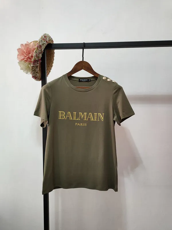 T Shirt Balmain Spring/Summer Shoulder Gold Buckle Gilding Letters All Cotton Short Sleeve T-shirt Couple