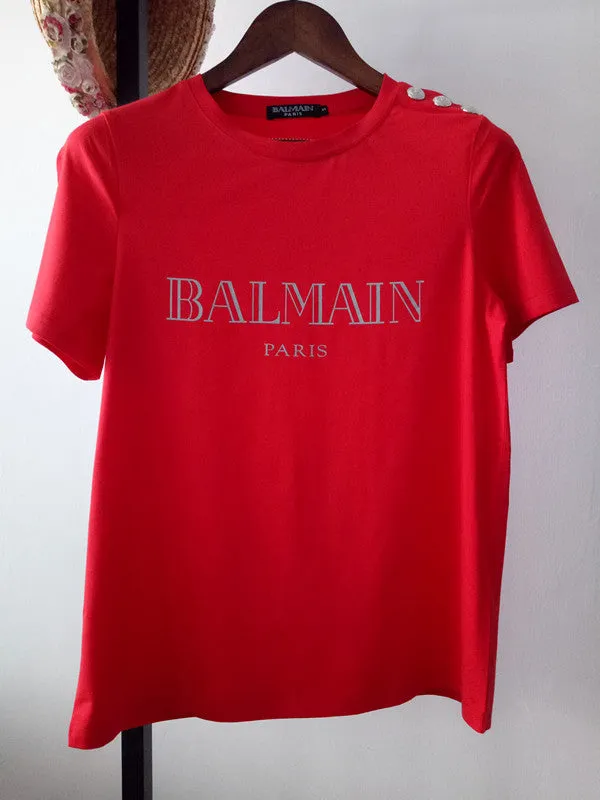 T Shirt Balmain Spring/Summer Shoulder Gold Buckle Gilding Letters All Cotton Short Sleeve T-shirt Couple