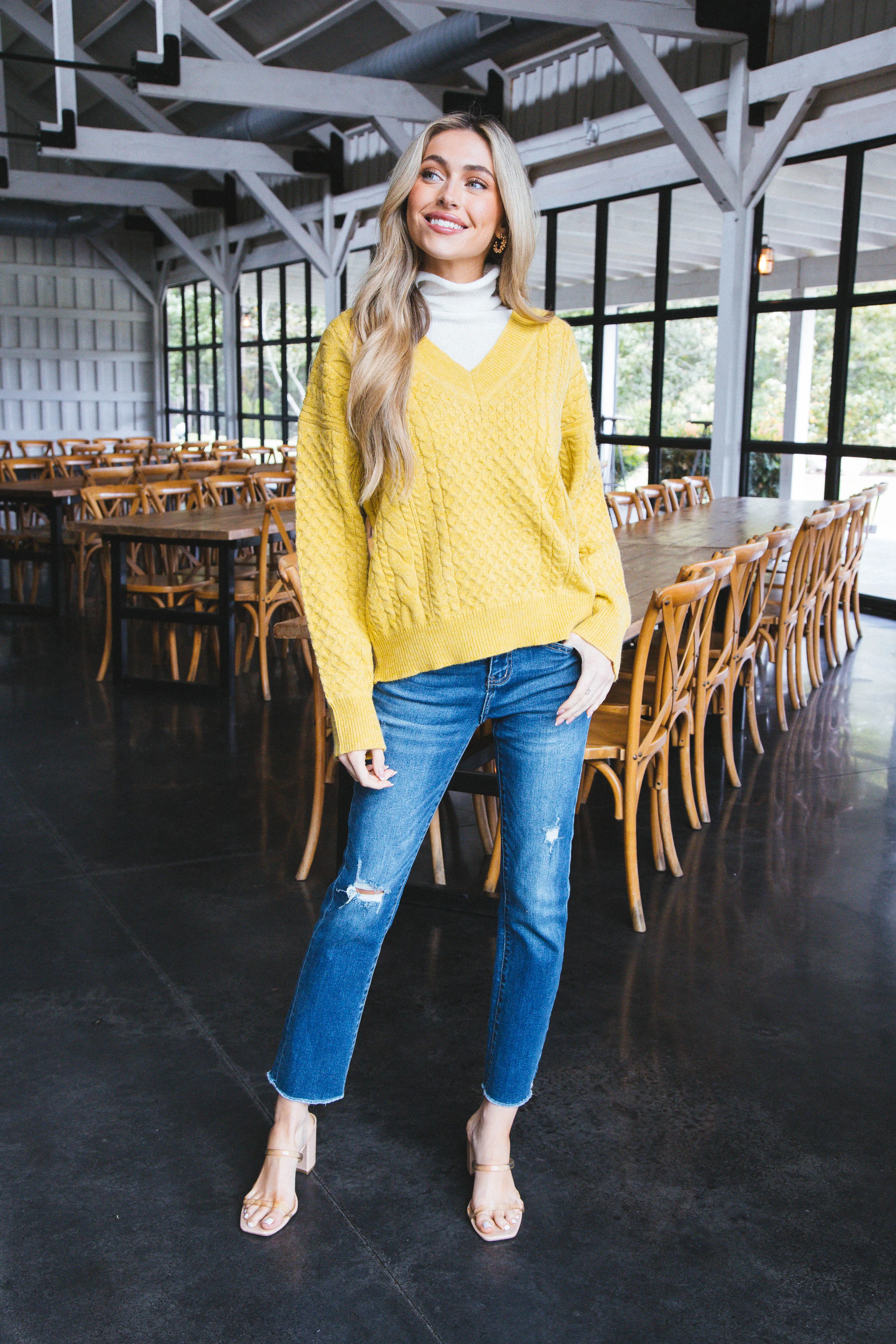 Vida Cable Knit Sweater with Turtleneck, Mustard