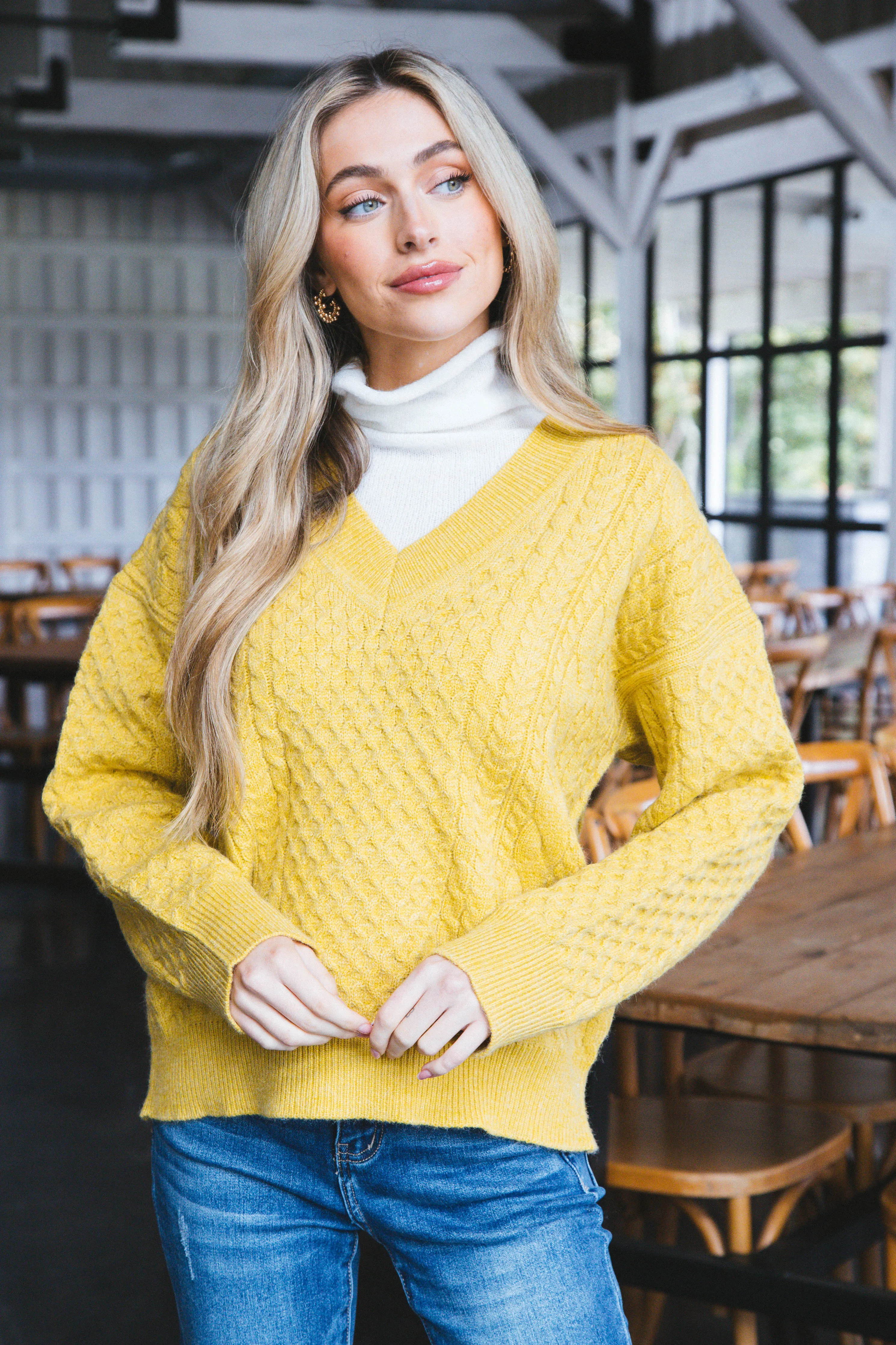 Vida Cable Knit Sweater with Turtleneck, Mustard